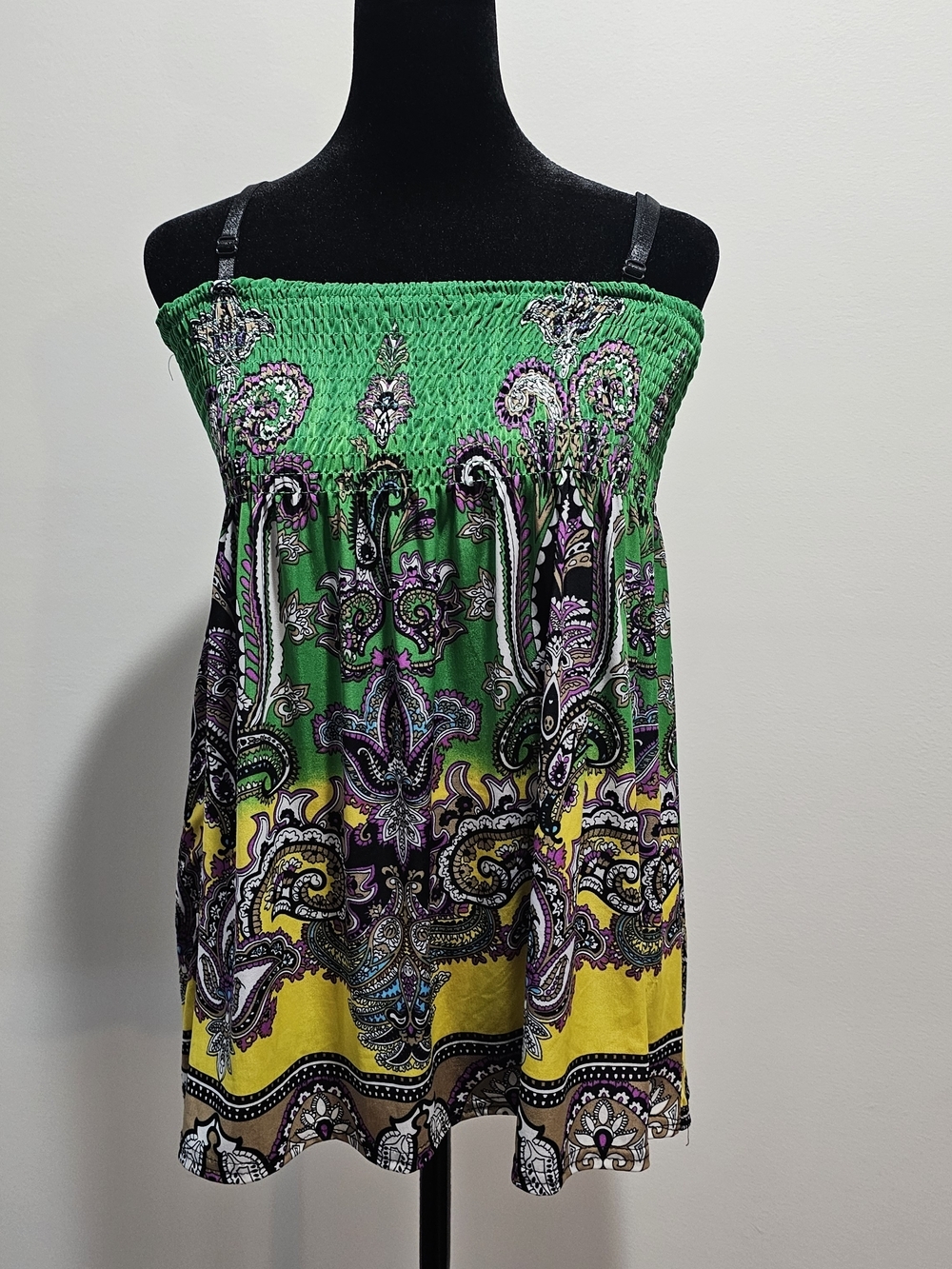 Shoreline Smocked Paisley Tank Top in Green & Yellow Size Xtra Small Y2k{Bx16}